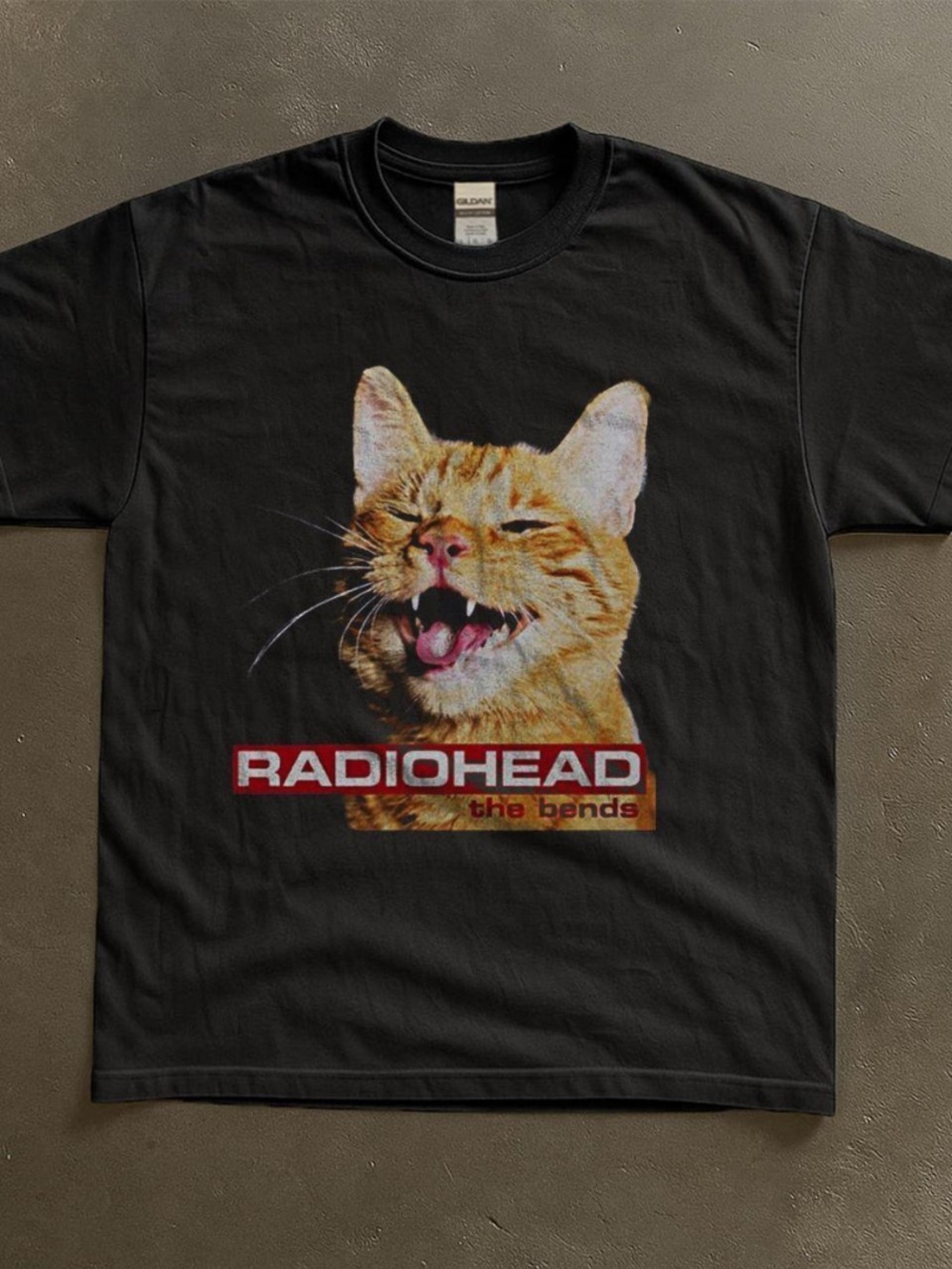 Gildan Black Tee with Orange Tabby Cat Radiohead Graphic
